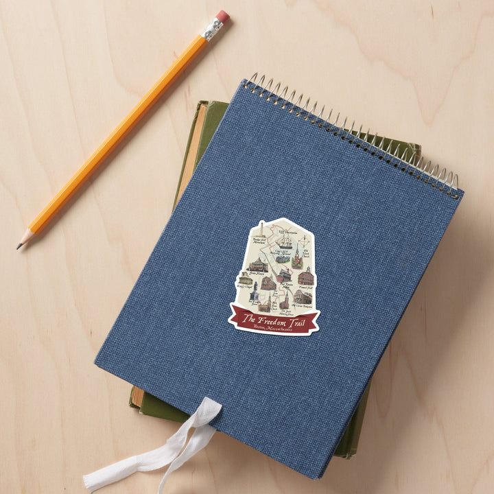 Boston, Massachusetts, The Freedom Trail, Map, Contour, Lantern Press Artwork, Vinyl Sticker - Lantern Press