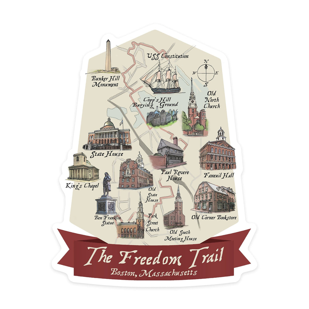 Boston, Massachusetts, The Freedom Trail, Map, Contour, Lantern Press Artwork, Vinyl Sticker - Lantern Press