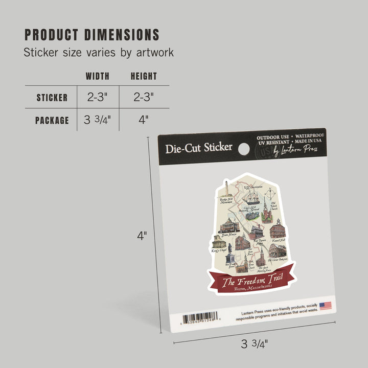 Boston, Massachusetts, The Freedom Trail, Map, Contour, Lantern Press Artwork, Vinyl Sticker - Lantern Press