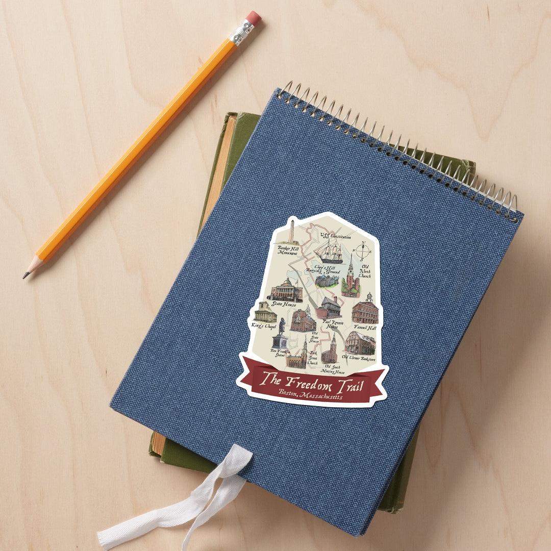 Boston, Massachusetts, The Freedom Trail, Map, Contour, Lantern Press Artwork, Vinyl Sticker - Lantern Press
