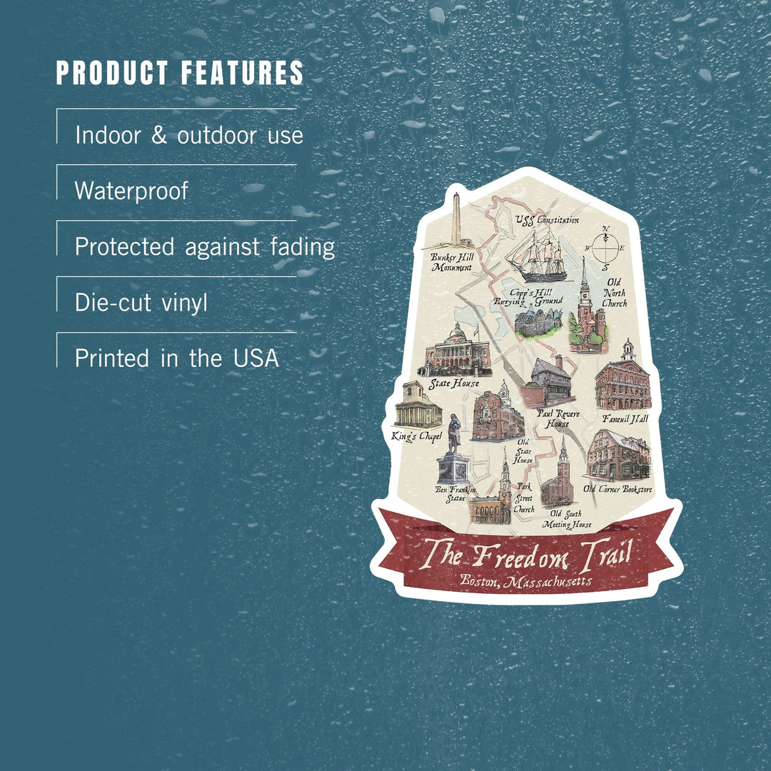 Boston, Massachusetts, The Freedom Trail, Map, Contour, Lantern Press Artwork, Vinyl Sticker - Lantern Press