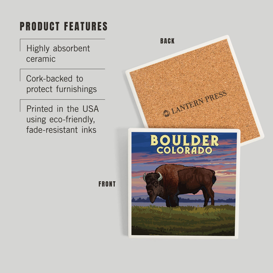 Boulder, Colorado, Bison and Sunset, Coasters Coasters Lantern Press