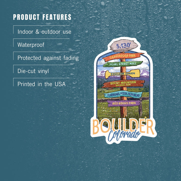Boulder, Colorado, Signpost Destinations, Contour, Lantern Press Artwork, Vinyl Sticker - Lantern Press