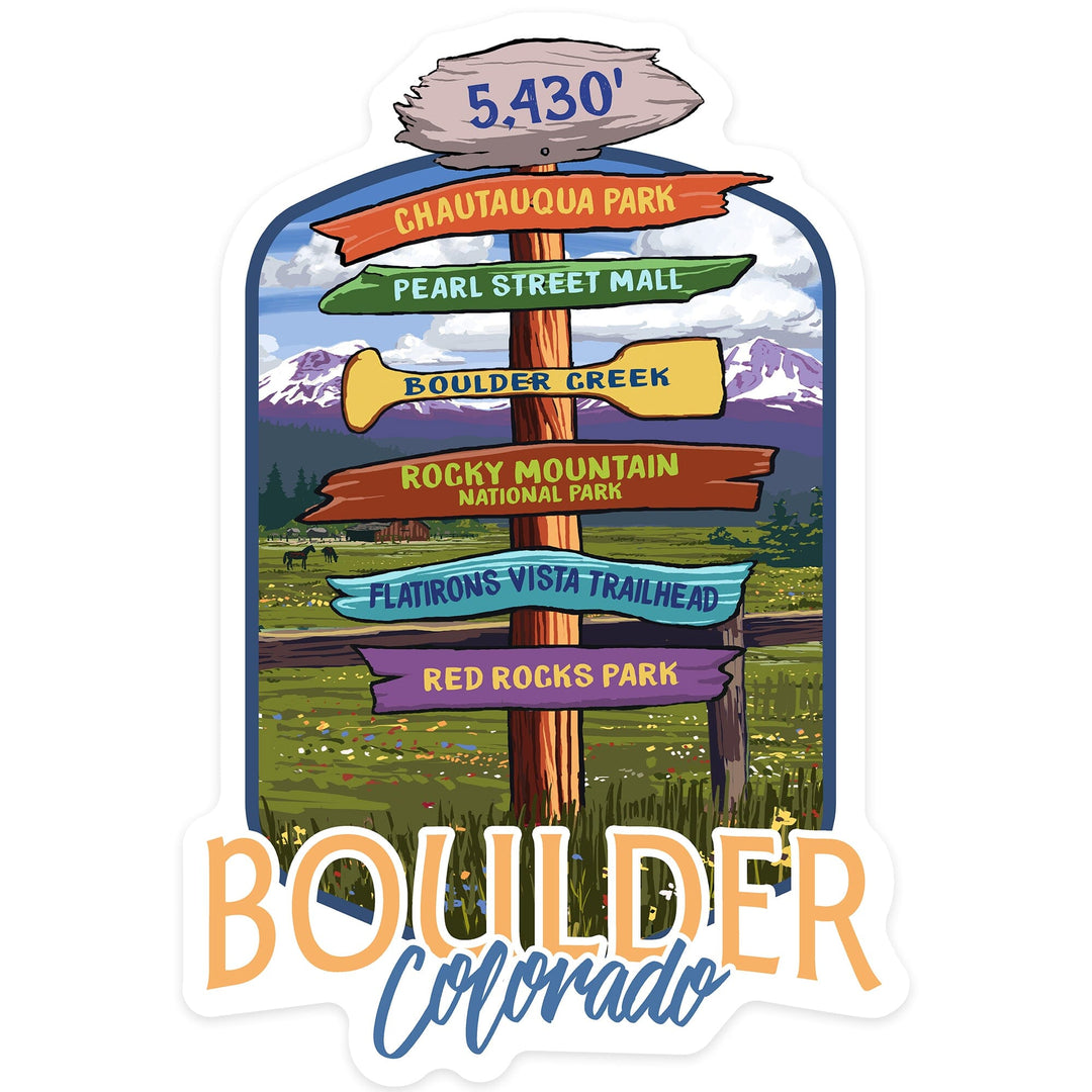 Boulder, Colorado, Signpost Destinations, Contour, Lantern Press Artwork, Vinyl Sticker - Lantern Press