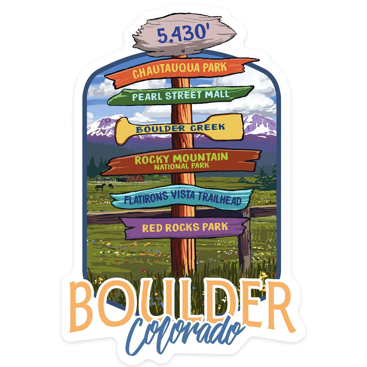 Boulder, Colorado, Signpost Destinations, Contour, Lantern Press Artwork, Vinyl Sticker - Lantern Press