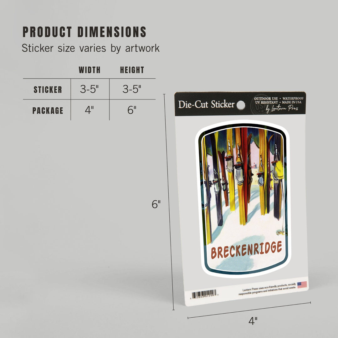 Breckenridge, Colorado, Colorful Skis, Contour, Vinyl Sticker Sticker Lantern Press