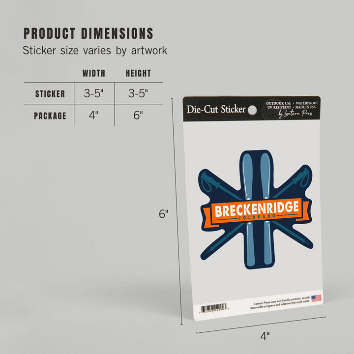 Breckenridge, Colorado, Skis and Poles, Contour, Lantern Press Artwork, Vinyl Sticker - Lantern Press