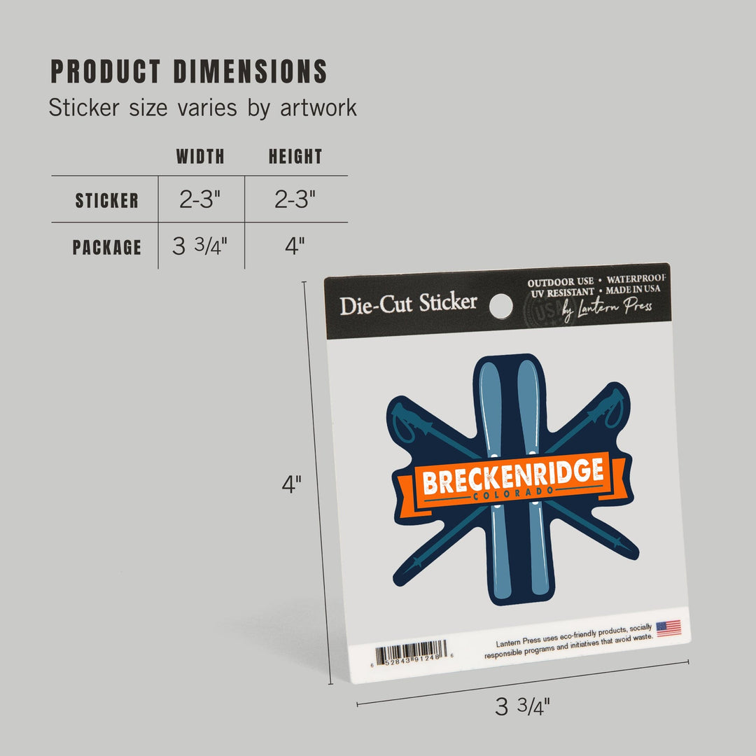 Breckenridge, Colorado, Skis and Poles, Contour, Lantern Press Artwork, Vinyl Sticker - Lantern Press