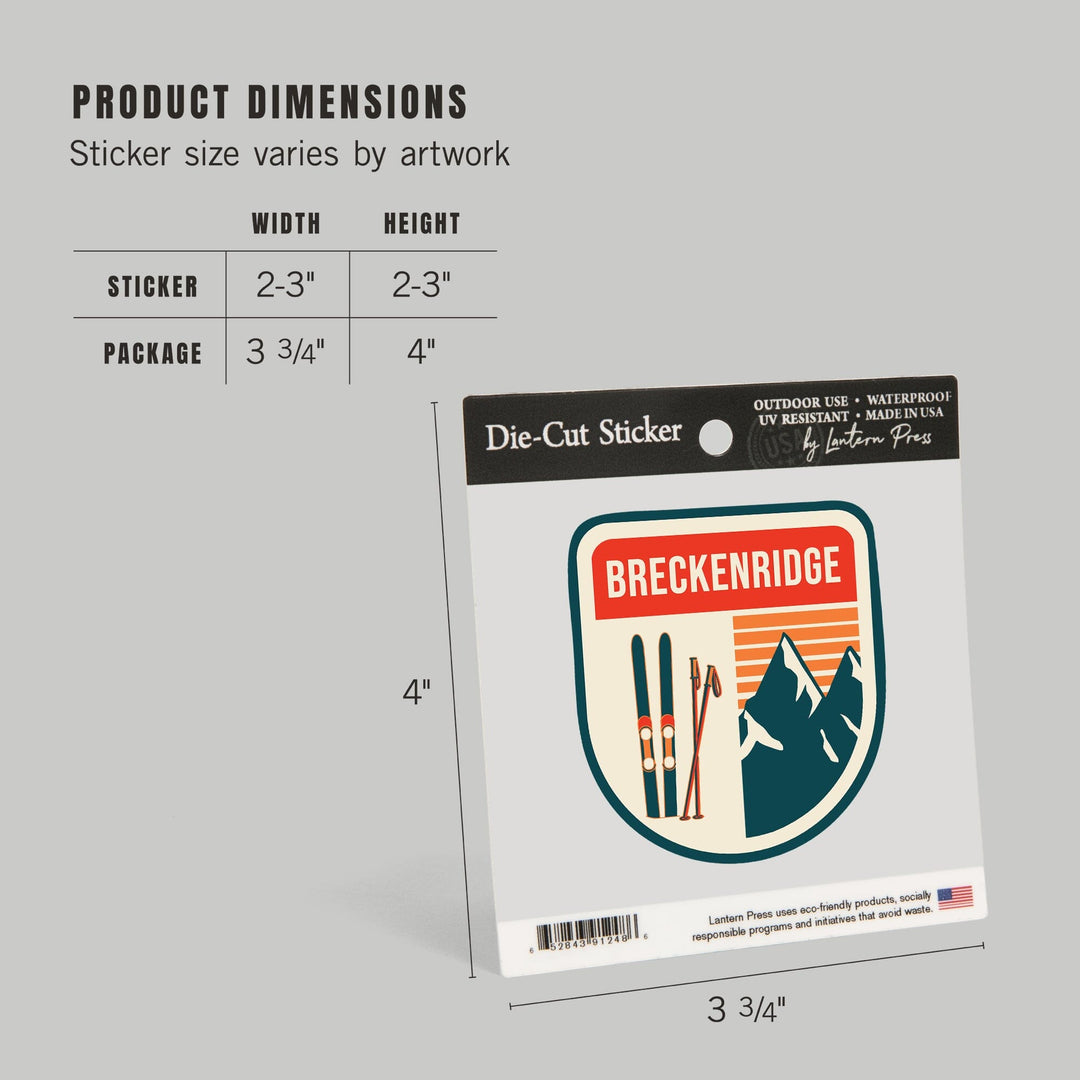 Breckenridge, Colorado, Skis & Mountains, Contour Green, Lantern Press Artwork, Vinyl Sticker Sticker Lantern Press 