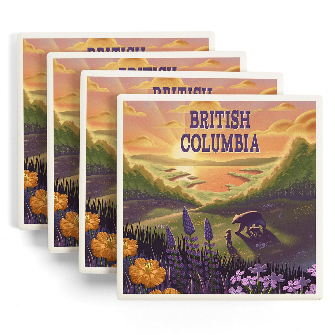 British Columbia, Lithograph, Bear and Spring Flowers, Lake, Coasters Coasters Lantern Press