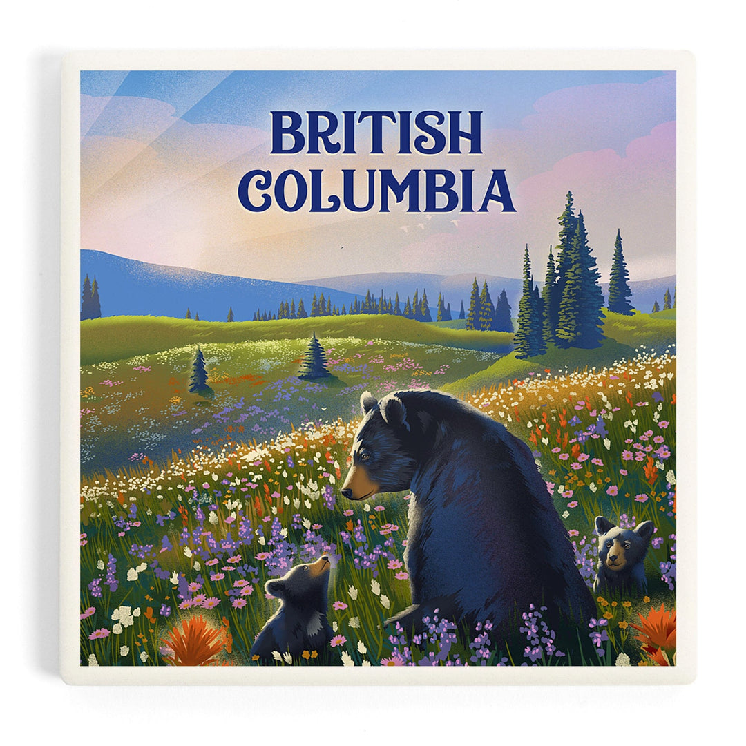 British Columbia, Lithograph, Bear Family in Field, Coasters Coasters Lantern Press