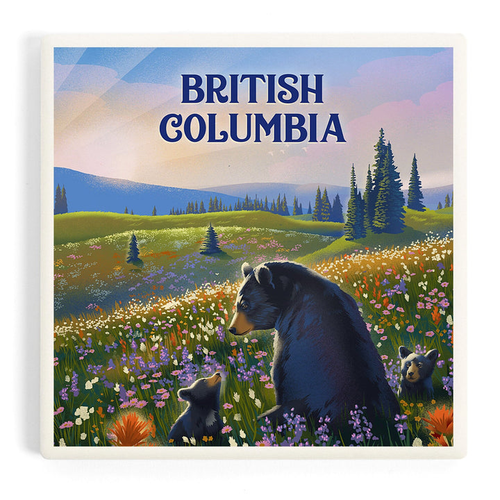 British Columbia, Lithograph, Bear Family in Field, Coasters Coasters Lantern Press