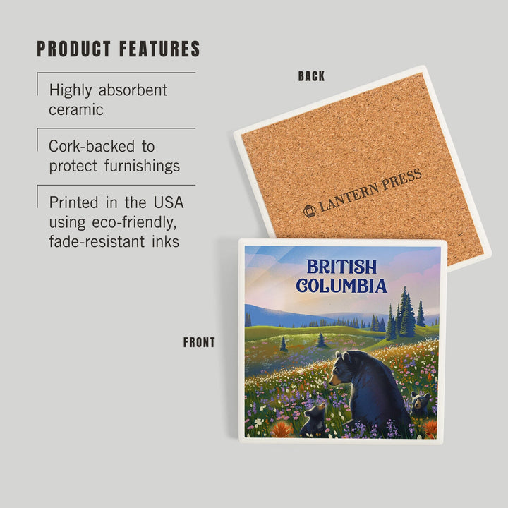 British Columbia, Lithograph, Bear Family in Field, Coasters Coasters Lantern Press