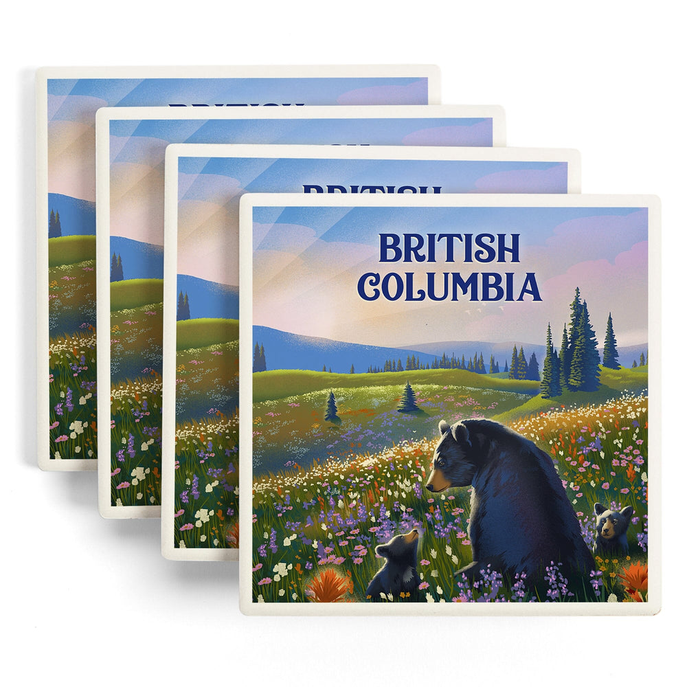British Columbia, Lithograph, Bear Family in Field, Coasters Coasters Lantern Press