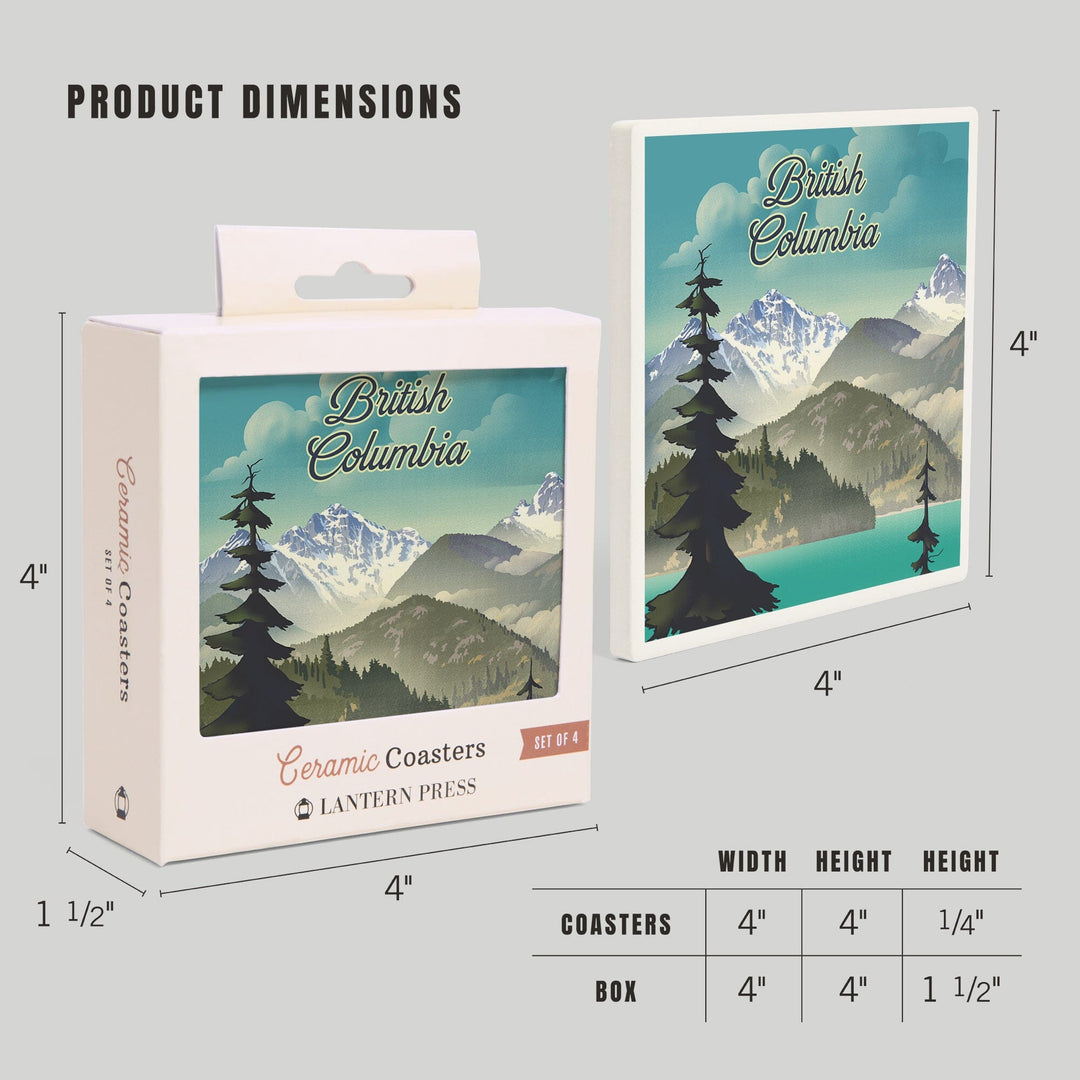 British Columbia, Lithograph, Lake and Mountain Scene, Coasters Coasters Lantern Press