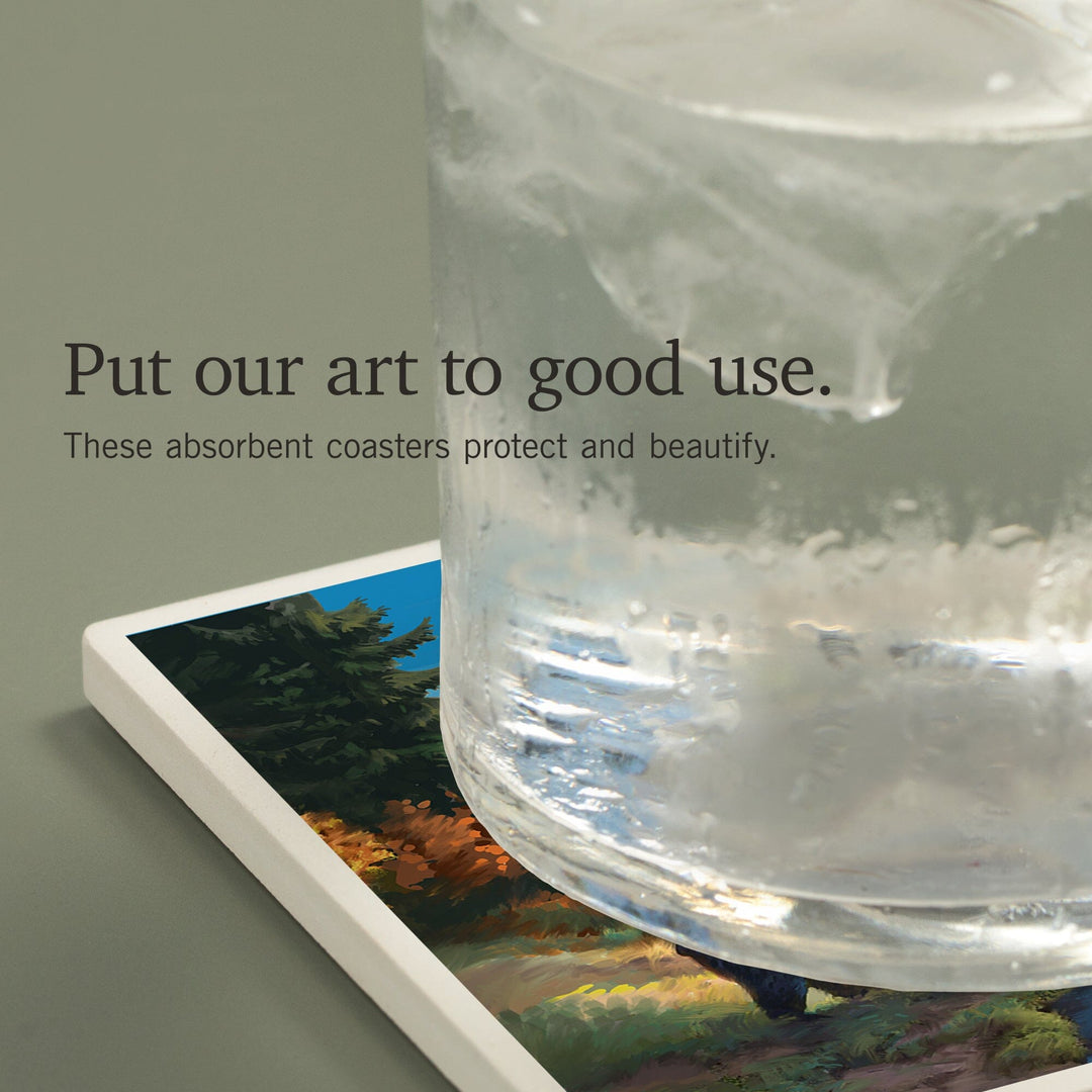 British Columbia, Oil Painting, Bear By Lake At Sunrise, Coasters Coasters Lantern Press