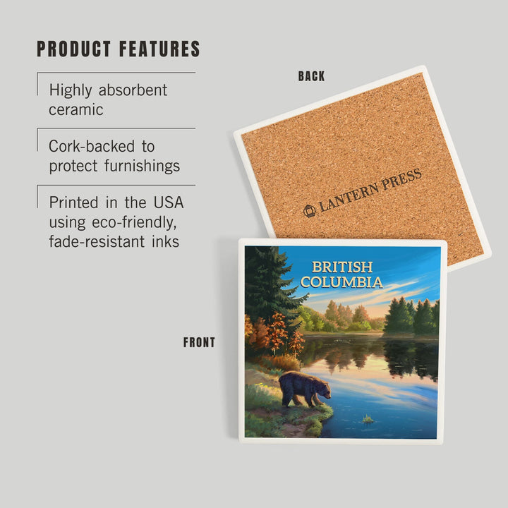 British Columbia, Oil Painting, Bear By Lake At Sunrise, Coasters Coasters Lantern Press