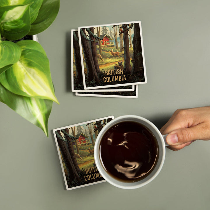 British Columbia, Slip Away, Cabin With Wildlife, Coasters Coasters Lantern Press