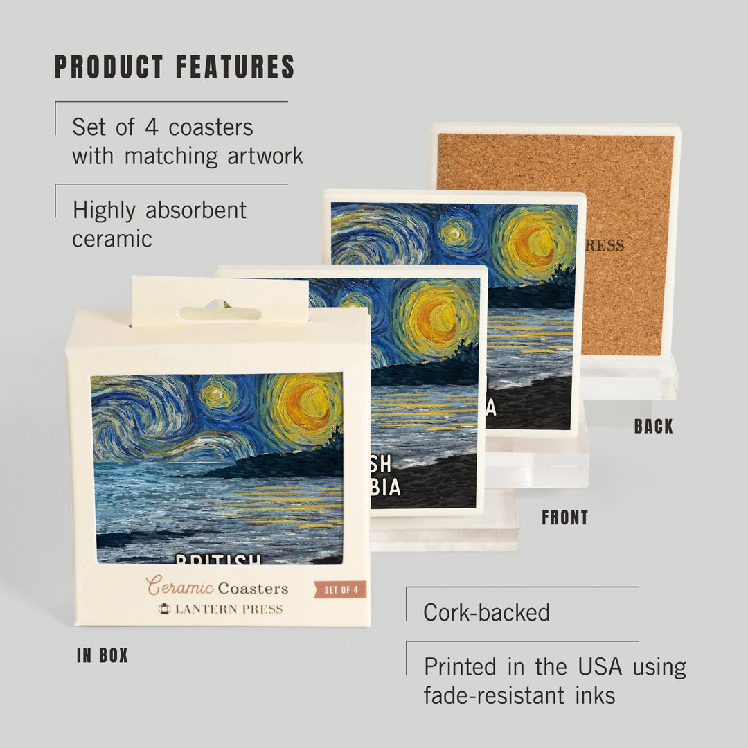 British Columbia, Starry Night, Coastline, Coasters Coasters Lantern Press
