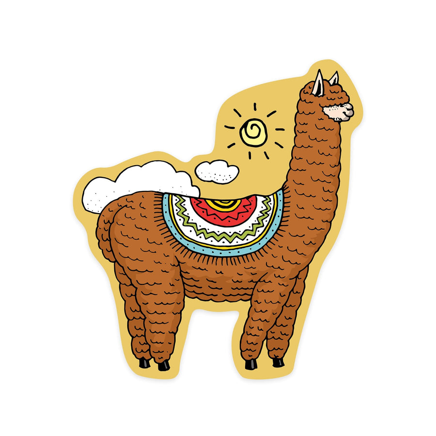 Brown Alpaca and Clouds, Vector Doodle, Contour, Artwork, Vinyl Sticker Sticker Lantern Press
