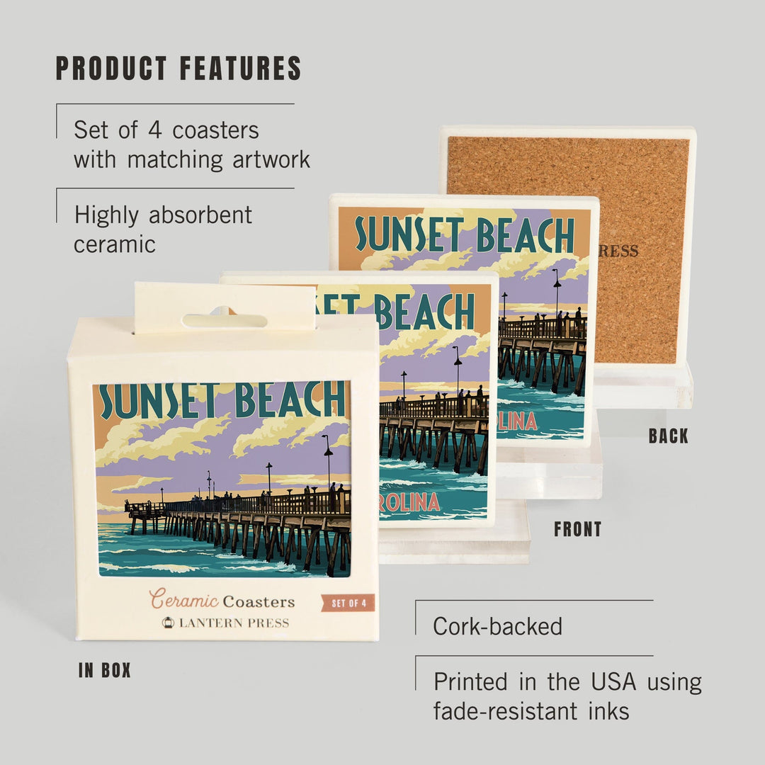 Calabash, North Carolina, Sunset Beach, Pier Scene, Coasters Coasters Lantern Press