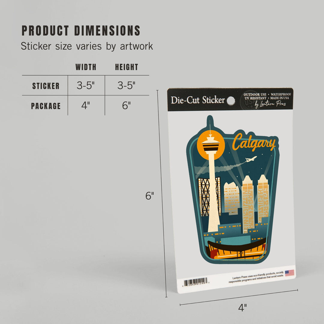 Calgary, Alberta, Canada, Retro Skyline, Contour, Lantern Press Artwork, Vinyl Sticker - Lantern Press