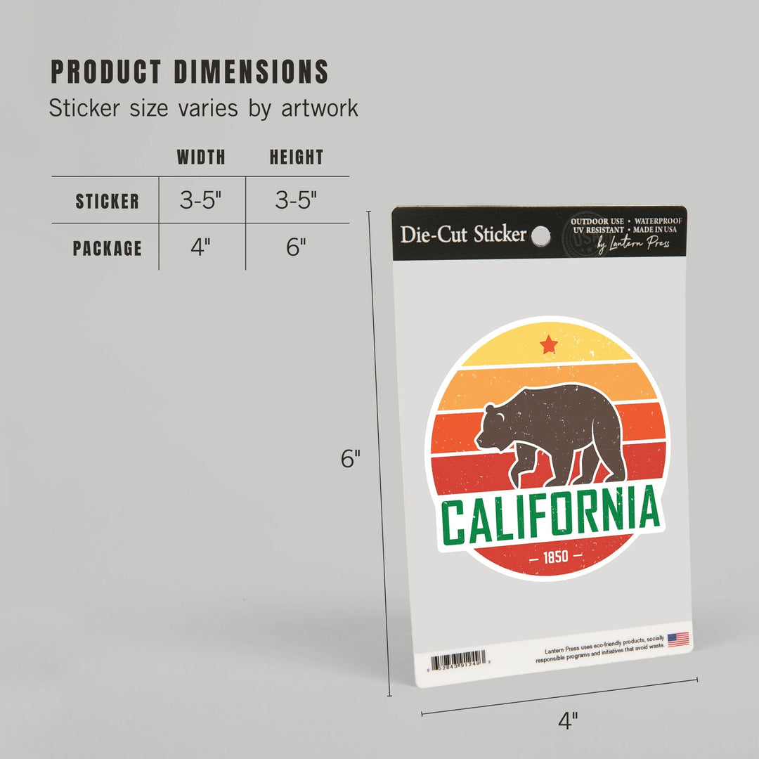 California, 1850, Sun Vector with Brown Bear, Contour, Vinyl Sticker - Lantern Press