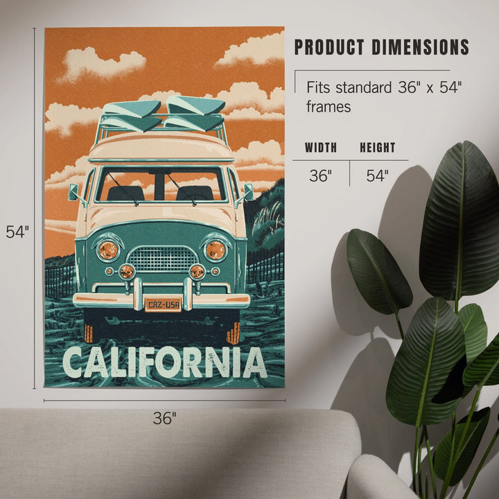 California, Camper Van, Letterpress, Art & Giclee Prints - Lantern Press