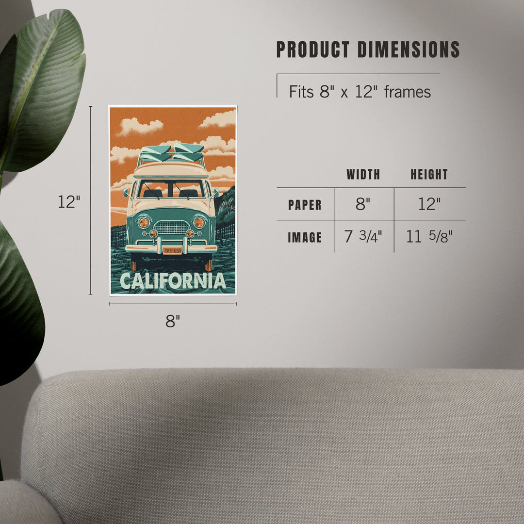 California, Camper Van, Letterpress, Art & Giclee Prints - Lantern Press