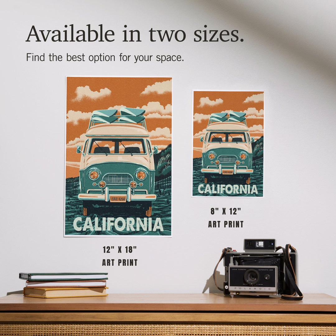 California, Camper Van, Letterpress, Art & Giclee Prints - Lantern Press
