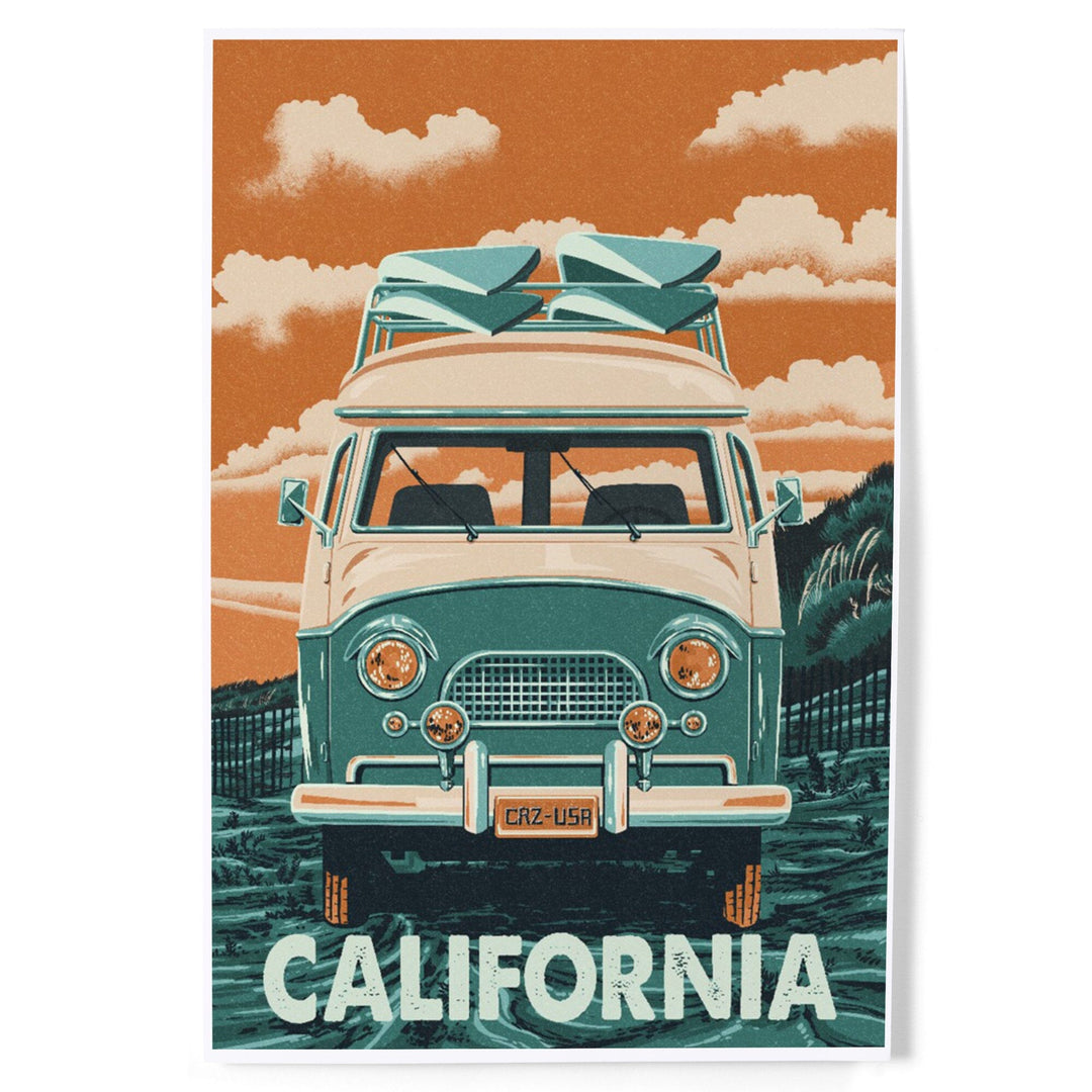 California, Camper Van, Letterpress, Art & Giclee Prints - Lantern Press