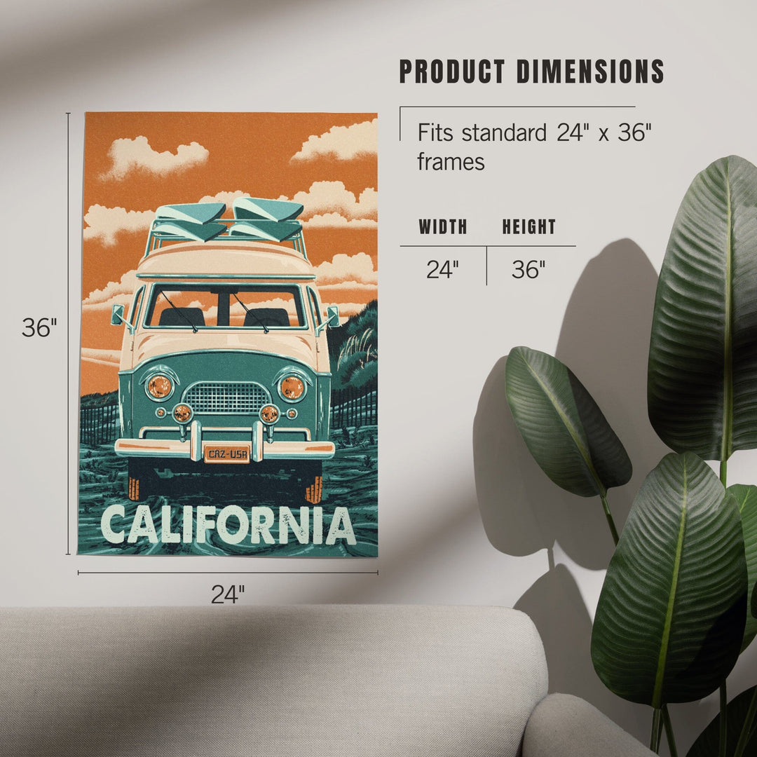 California, Camper Van, Letterpress, Art & Giclee Prints - Lantern Press