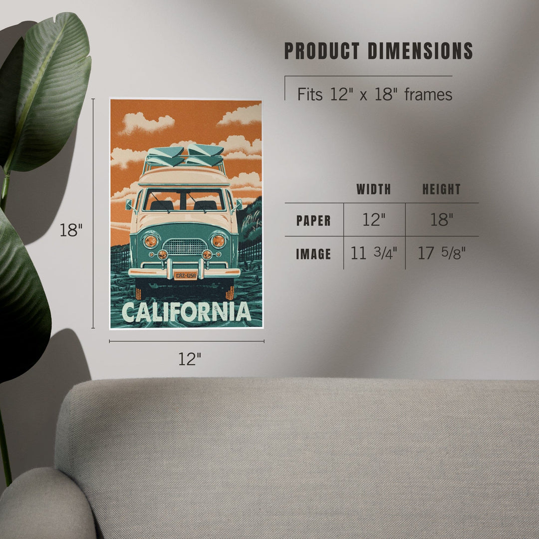 California, Camper Van, Letterpress, Art & Giclee Prints - Lantern Press