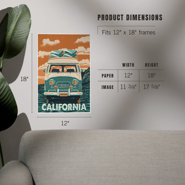 California, Camper Van, Letterpress, Art & Giclee Prints - Lantern Press
