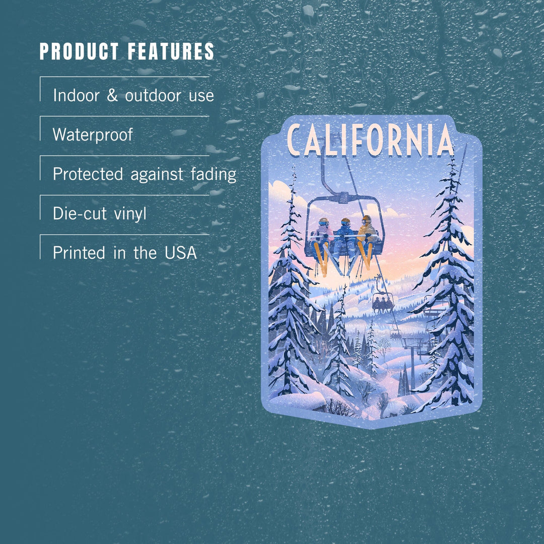 California, Chill on the Uphill, Ski Lift, Contour, Vinyl Sticker Sticker Lantern Press
