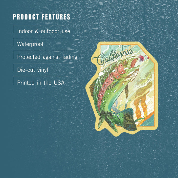 California, Fishing, Underwater Trout, Contour, Vinyl Sticker Sticker Lantern Press