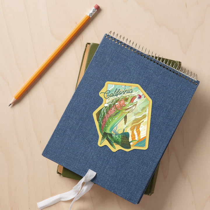 California, Fishing, Underwater Trout, Contour, Vinyl Sticker Sticker Lantern Press