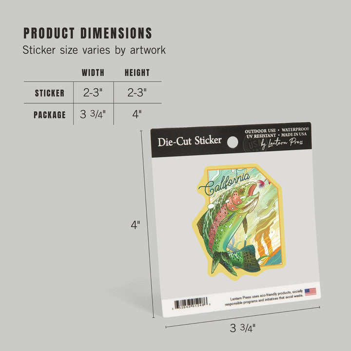 California, Fishing, Underwater Trout, Contour, Vinyl Sticker Sticker Lantern Press