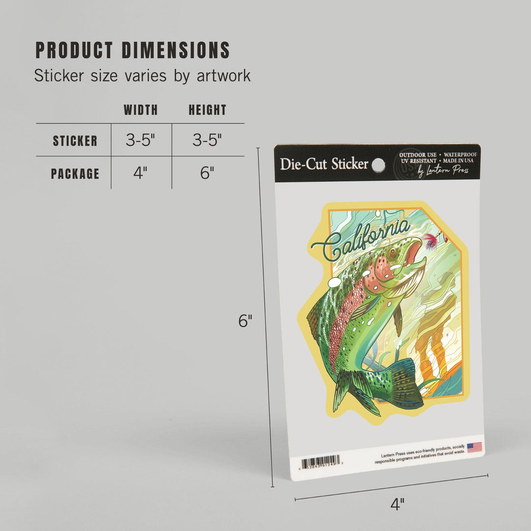 California, Fishing, Underwater Trout, Contour, Vinyl Sticker Sticker Lantern Press