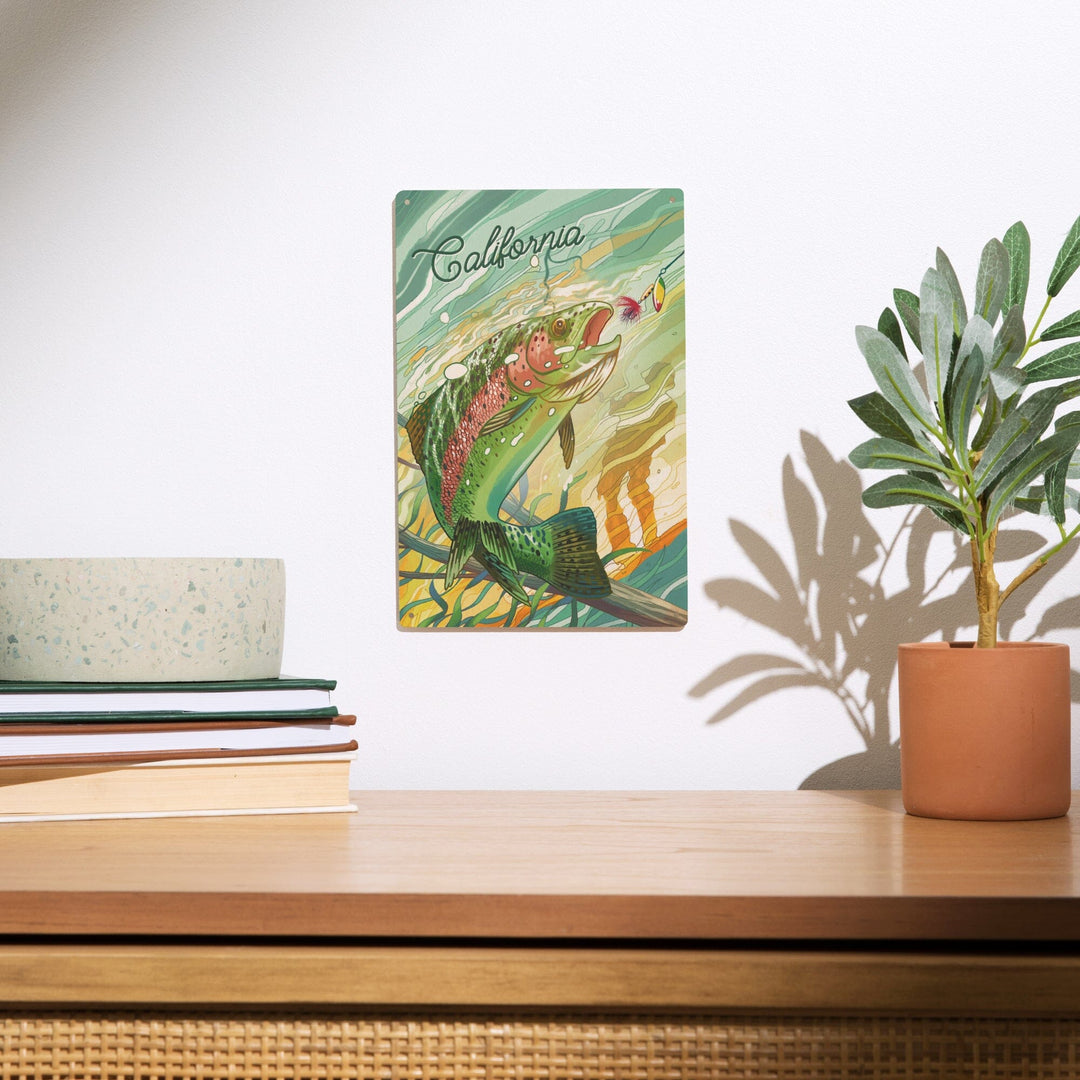 California, Fishing, Underwater Trout, Wood Signs and Postcards Wood Lantern Press
