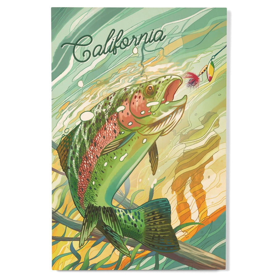 California, Fishing, Underwater Trout, Wood Signs and Postcards Wood Lantern Press