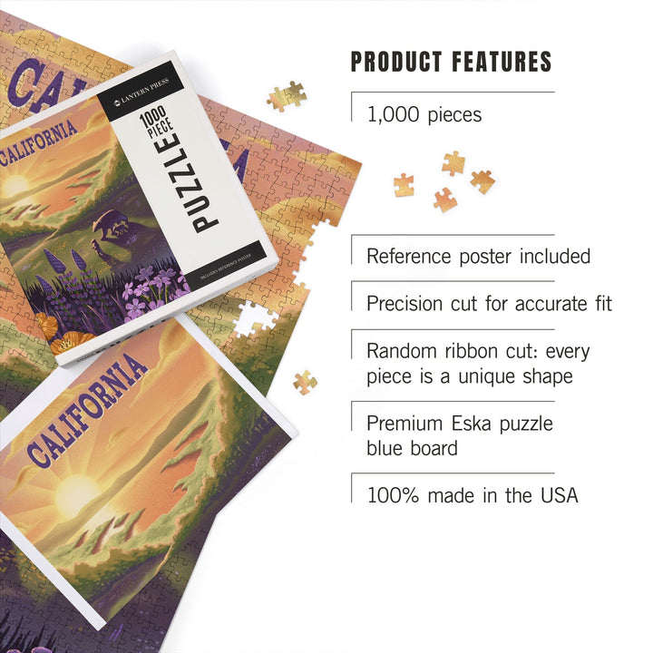 California, Lithograph, Bear and Spring Flowers, Lake, Jigsaw Puzzle Puzzle Lantern Press