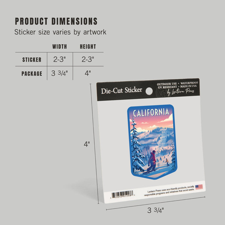 California, Shred the Gnar, Snowboarding, Contour, Vinyl Sticker Sticker Lantern Press