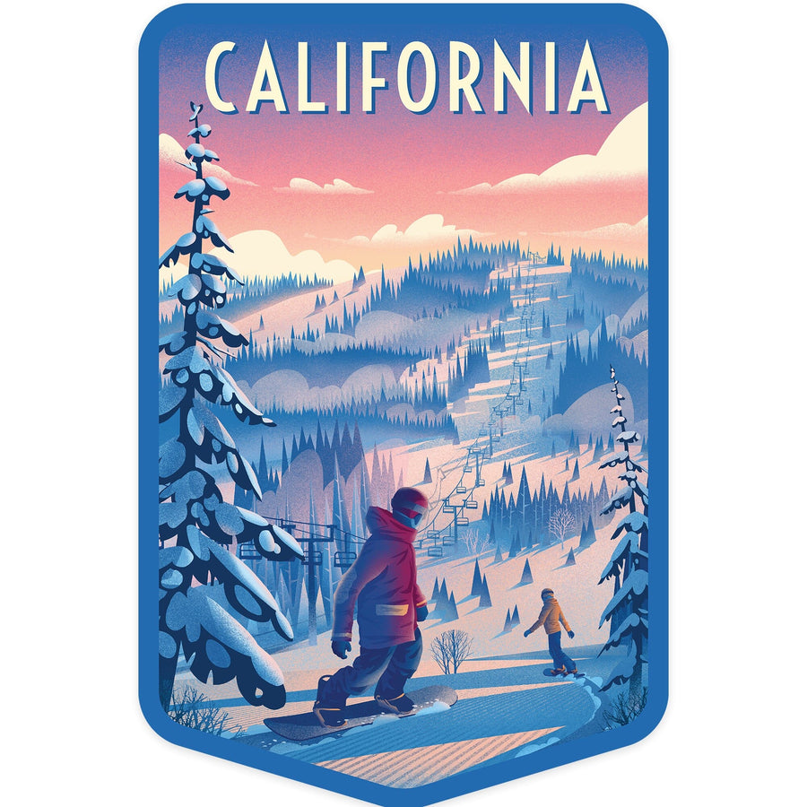 California, Shred the Gnar, Snowboarding, Contour, Vinyl Sticker Sticker Lantern Press