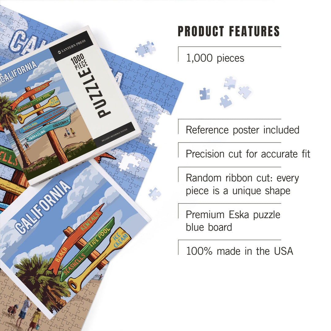California, Signpost, Coast Beach with Palms, Jigsaw Puzzle Puzzle Lantern Press