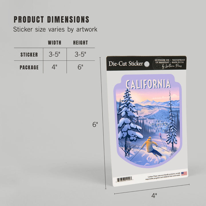 California, Ski for Miles, Skiing, Contour, Vinyl Sticker Sticker Lantern Press