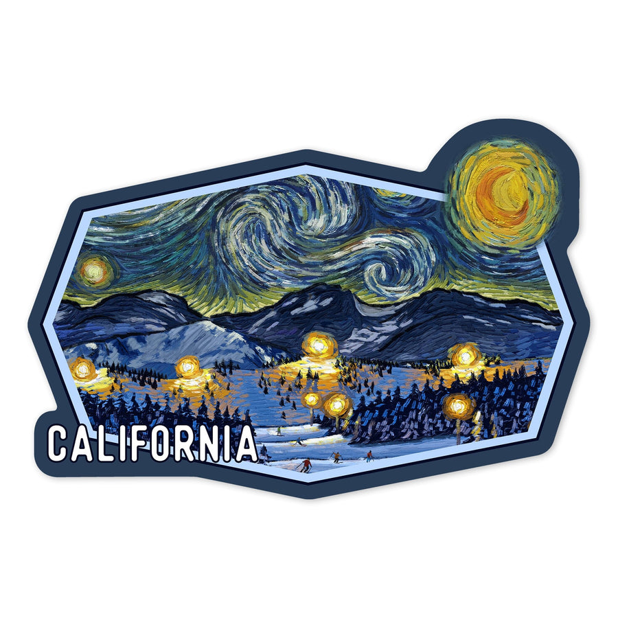 California, Starry Night, Ski Resort, Contour, Vinyl Sticker Sticker Lantern Press