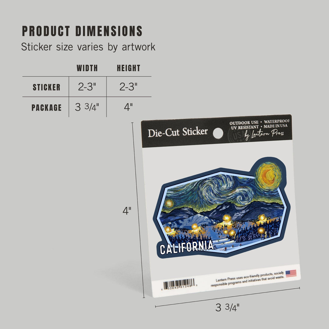 California, Starry Night, Ski Resort, Contour, Vinyl Sticker Sticker Lantern Press