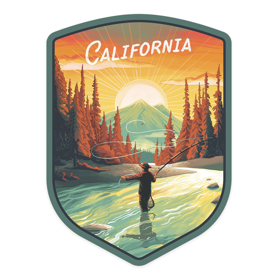 California, This is Living, Fishing with Mountain, Contour, Vinyl Sticker Sticker Lantern Press