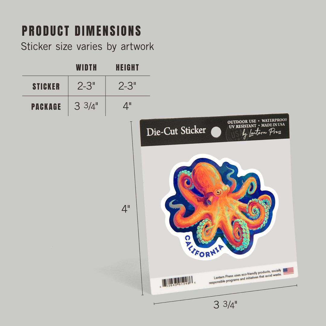 California, Vivid, Octopus, Contour, Vinyl Sticker Sticker Lantern Press